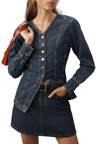 Women's Denim Shirt Long Sleeve Button Down Collarless V-Neck Slim Fit Jean Jacket Denim Top