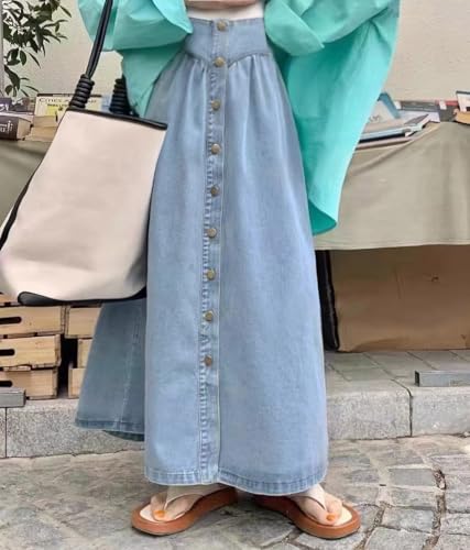 415VLnmLiSL.jpg Women's High Waist Long Denim Skirt Button Down Swing A-Line Jean Maxi Skirt with Pockets