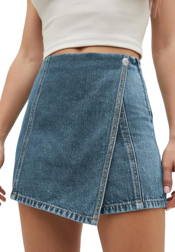 Womens Denim Skorts High Waisted Casual Summer Asymmetrical Hem Stretchy Criss Cross Jean Skirt Shorts