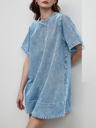 Denim Dress for Women Summer Casual Short Sleeve Chambray Mini Jean Dresses with Pockets