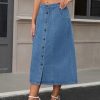 Women's Denim Skirt Button Down Front Slit High Waisted Pockets A Line Midi Jean Skirts