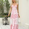 Women Floral Maxi Dress Spaghetti Strap V Neck Patchwork Bohemian Flowy Dresses Summer Fall