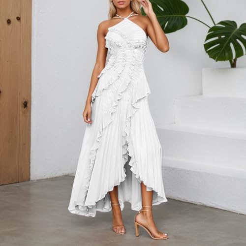 Chiffon Tiered Dresses for Women Formal Halter Sleeveless Flowy Maxi Dress Summer Sexy Irregular Hem Solid Sundresses
