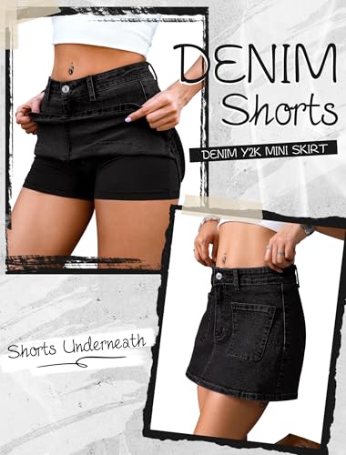 Jean Skorts for Woman High Waisted Stretchy Denim Skirt with Shorts Mini Skirt with Pockets