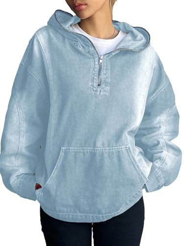 Women's Half Zip Denim Hoodie Pullover Sweatshirt Jean Jacket with Pocket