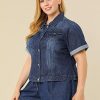 Women's Plus Size Denim Jacket Short Sleeve Lapel Button Front Work Western Outfit Jean Jackets