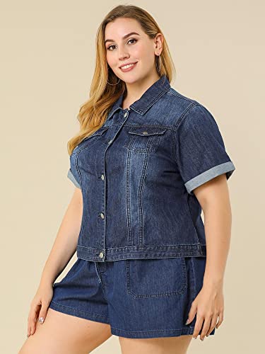 Women's Plus Size Denim Jacket Short Sleeve Lapel Button Front Work Western Outfit Jean Jackets