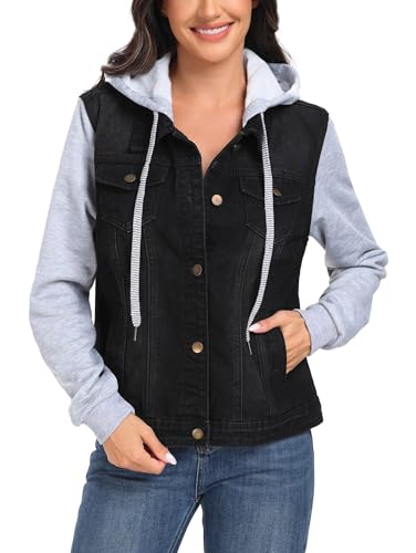 Women's Classic Casual Hooded Denim Jacket Drawstring Vintage Washed Jean Jacket Sweatshirt with Pockets