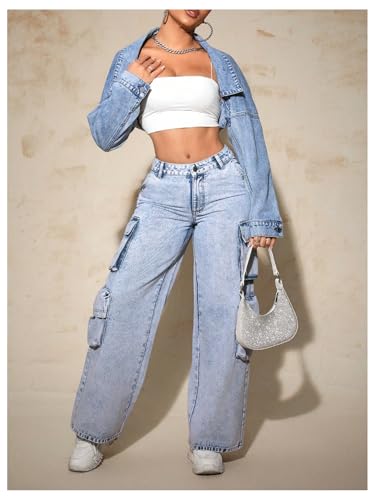 Women's Y2k Open Front Cropped Denim Jean Long Sleeve Street Jacket Coat