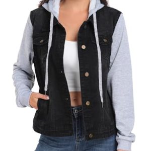 41Ci28shp3L.jpg Women's Classic Casual Hooded Denim Jacket Drawstring Vintage Washed Jean Jacket Sweatshirt with Pockets