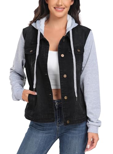 Women's Classic Casual Hooded Denim Jacket Drawstring Vintage Washed Jean Jacket Sweatshirt with Pockets