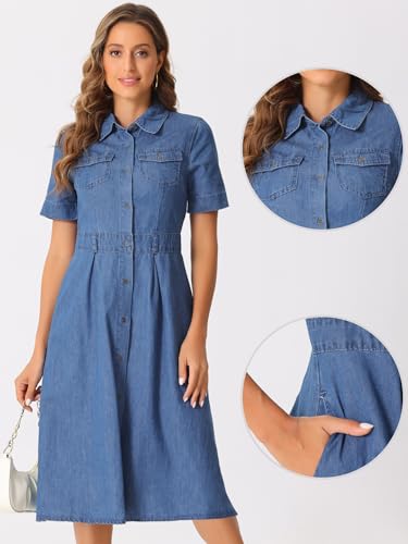 41CjoUrwFkL.jpg Denim Dress for Women's Collared Short Sleeve A-Line Button Up Jean Midi Dresses