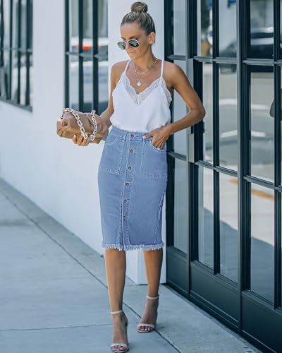 Women's Casual Mid Rise Button Down Frayed Raw Hem Denim Jean Midi Skirt