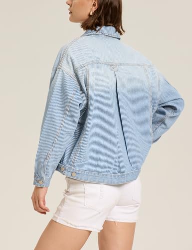 Women's Blue Jean Jacket Oversized Distressed Button Down Denim Jacket Vintage Long Sleeve Soft Boyfriend Coat