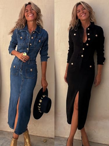 Womens Lapel Long Sleeve Maxi Denim Dress Slim Bodycon Slit 1/2 Button Shirt Dresses