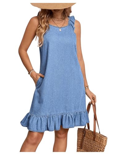Women's Ruffle Trim Sleeveless Tank Denim Dress Vacation Scoop Neck Jean Dresses