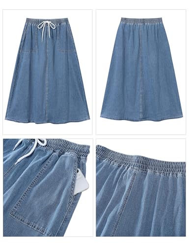 Denim Skirts for Women Trendy A Line Long Maxi Pull On Elastic Waist Drawstring Stretchy Jean Skirt with Pockets