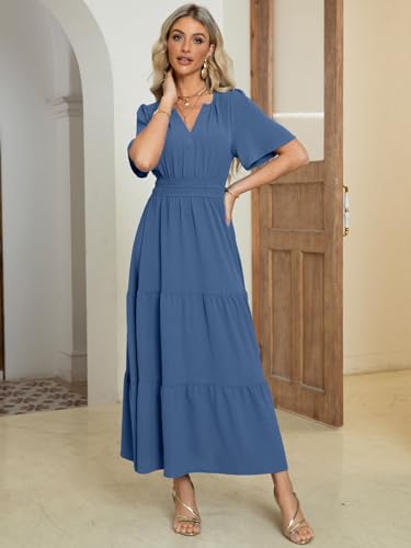 Women's Summer Boho Maxi Dresses Casual V Neck Short Sleeve A-line Empire Waist Long Flowy Beach Dress