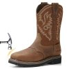 NINGO Steel Toe Work Boots for Men, Waterproof Square Toe Cowboy Boots Slip on, Comfortable Soft Toe Pull on Western Safety Work