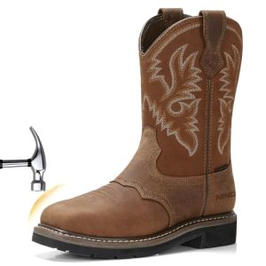 NINGO Steel Toe Work Boots for Men, Waterproof Square Toe Cowboy Boots Slip on, Comfortable Soft Toe Pull on Western Safety Work