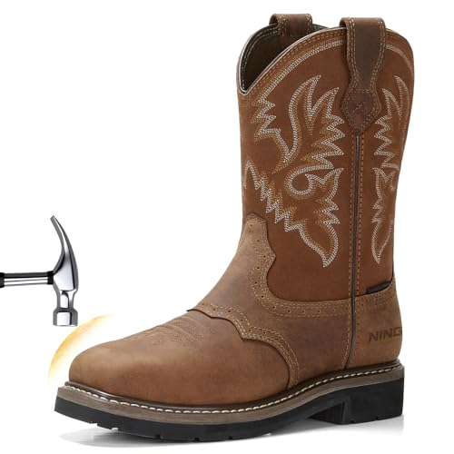 NINGO Steel Toe Work Boots for Men, Waterproof Square Toe Cowboy Boots Slip on, Comfortable Soft Toe Pull on Western Safety Work