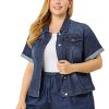 Women's Plus Size Denim Jacket Short Sleeve Lapel Button Front Work Western Outfit Jean Jackets