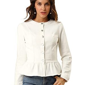 Women's Peplum Denim Jackets Collarless Round Neck Button Down Cropped Ruffle Hem Jacket