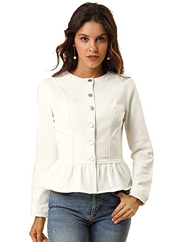 Women's Peplum Denim Jackets Collarless Round Neck Button Down Cropped Ruffle Hem Jacket