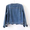 Women’s Collarless Long Sleeve Denim Jacket Round Neck Button Down Jean Jackets
