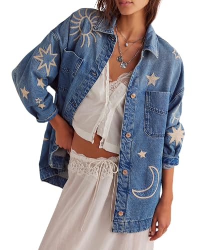 Women's Vintage Oversized Denim Jacket Embroidered Graphic Casual Loose Fit Button Down Jean Jacket