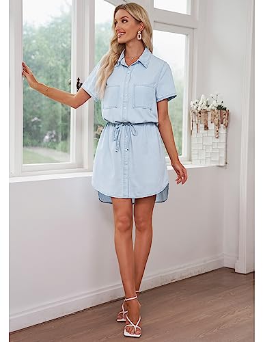 Women Casual Denim Dress Short Sleeve Tie Waist Classic Jean Shirt Dress