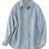 Womens Denim Shirt Long Sleeve Oversized Boyfriend Jean Jacket Shacket Trendy Button Down Shirt