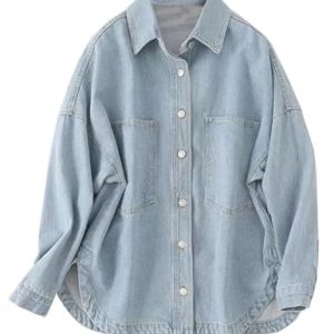 Womens Denim Shirt Long Sleeve Oversized Boyfriend Jean Jacket Shacket Trendy Button Down Shirt