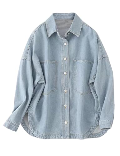 Womens Denim Shirt Long Sleeve Oversized Boyfriend Jean Jacket Shacket Trendy Button Down Shirt