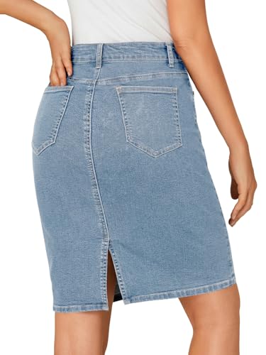 Women's Casual Stretch High Waist Back Slit Denim Jean Knee Length Skirt