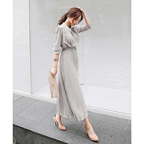 Womens Pleated Long Sleeve Loose Dress Casual Maxi Dresses with Tie Waist