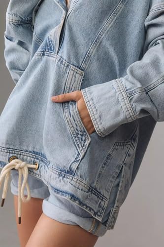 Women's Button Up Sweatshirt Denim Hoodie Oversized Pullover Jacket Jean Tops Casual Boyfriend Jackets
