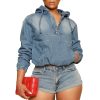 Women's Half Zip Denim Hoodie Pullover Jackets Jean Tops