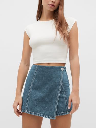 Womens Denim Skorts High Waisted Casual Summer Asymmetrical Hem Stretchy Criss Cross Jean Skirt Shorts