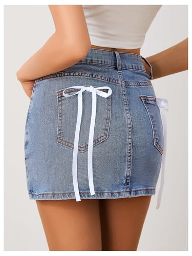 Women's Denim Skirt High Waist Bow Pocket Bodycon Y2K Mini Jean Skirts