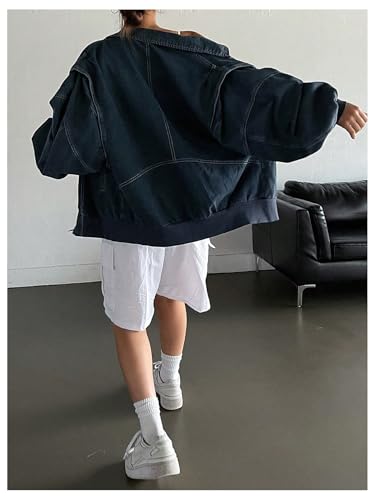 Women's Zip Up Denim Jacket Long Sleeve Oversized Jean Jacket Outerwear