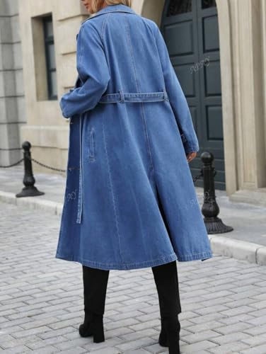 Womens Long Denim Jacket Plus Size Lapel Collar Long Sleeve Trench Coat Button Down Over Knee Tunic Outerwear