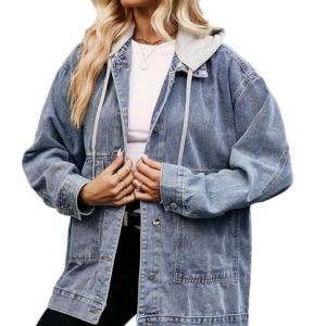 Women's Oversized Denim Jacket Casual Long Sleeve Vintage Jean Jacket Top Coat with Detachable Hood