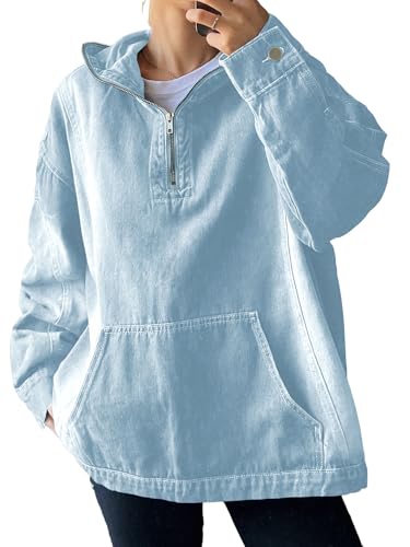 Women's Half Zip Denim Hoodie Pullover Sweatshirt Jean Jacket with Pocket