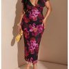 Women's Plus Size Floral Maxi Dress V Neck Ruffle Short Sleeve Bodycon Vacation Mesh Dresses