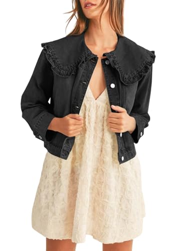 41O5MU1JkrL.jpg Takaneo Womens Denim Jacket Peter Pan Collar Cute Cropped Long Sleeve Shirts Jean Coat with Pockets