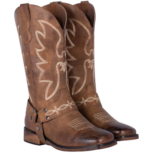 Women's Buckle Strap Wide Calf Cowboy Boots Square Toe Western Cowgirl Boots