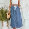 Denim Skirts for Women Trendy A Line Long Maxi Pull On Elastic Waist Drawstring Stretchy Jean Skirt with Pockets