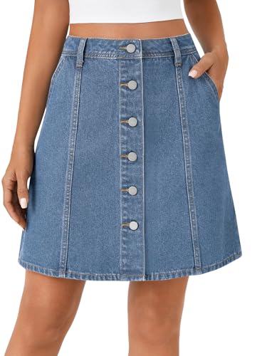 41OKArsPXtL.jpg Women's Button Down High Waisted A Line Jean Mini Denim Skirt with Pockets
