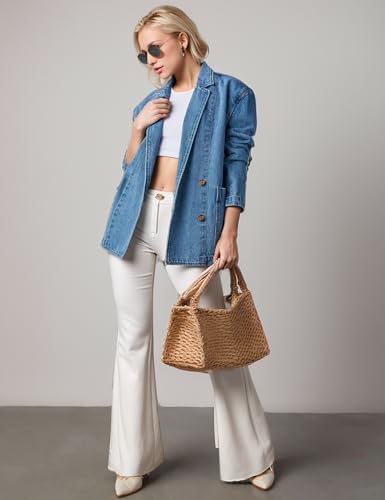 Womens Long Denim Jacket Button Up Blazer Oversized Notched Lapel Casual Jean Shacket Coat